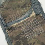 Heavy Duty Post-Apocalyptic Camouflage Patchwork Distressed Straight Leg Jeans Men's Trendy Topstitching Random Stitching Destruction Frayed Wide Leg Long Pants