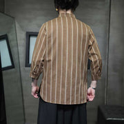 Linen Short Sleeve Shirt Men Small Collar Striped Half-Open Casual Retro Cotton Linen Three-Quarter Sleeve T-Shirt