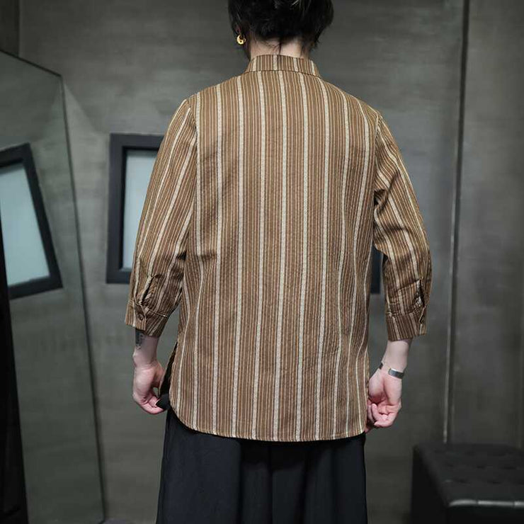 Linen Short Sleeve Shirt Men Small Collar Striped Half-Open Casual Retro Cotton Linen Three-Quarter Sleeve T-Shirt