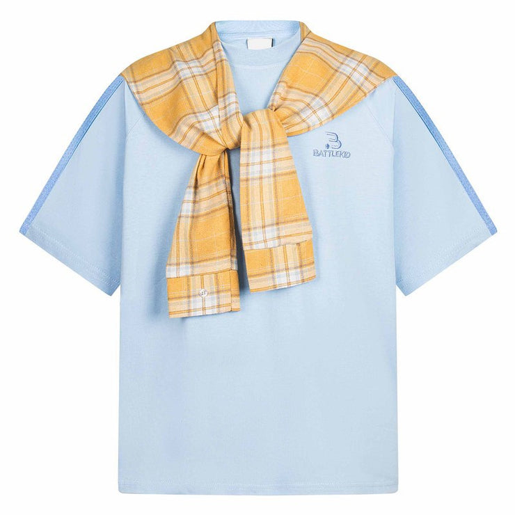 Detachable Plaid Cape Fake Two-Piece Short Sleeve T-Shirt Men