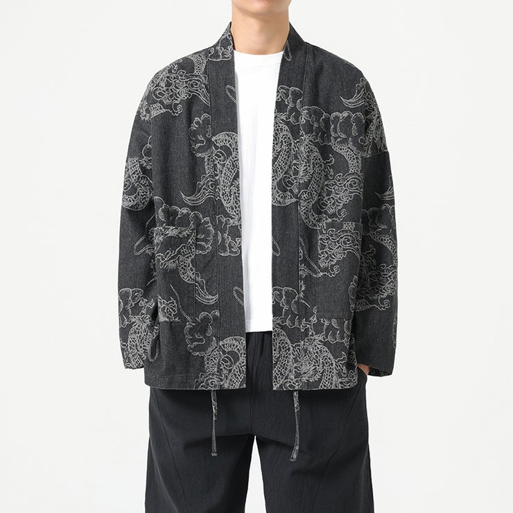 Style Loose Fit Denim Jacket with Dragon Robe Print for Men
