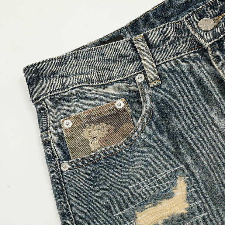 Heavy Duty Post-Apocalyptic Camouflage Patchwork Distressed Straight Leg Jeans Men's Trendy Topstitching Random Stitching Destruction Frayed Wide Leg Long Pants