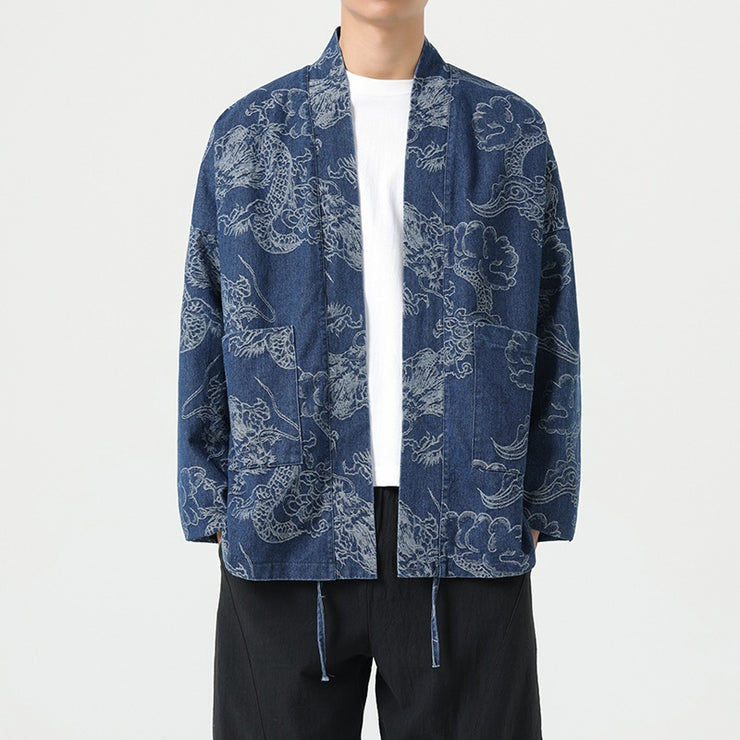 Style Loose Fit Denim Jacket with Dragon Robe Print for Men