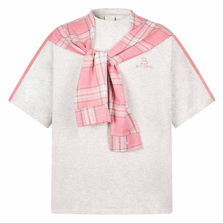 Detachable Plaid Cape Fake Two-Piece Short Sleeve T-Shirt Men
