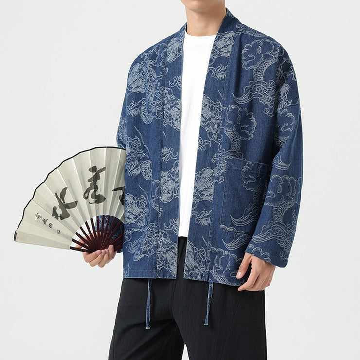 Style Loose Fit Denim Jacket with Dragon Robe Print for Men