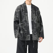 Style Loose Fit Denim Jacket with Dragon Robe Print for Men
