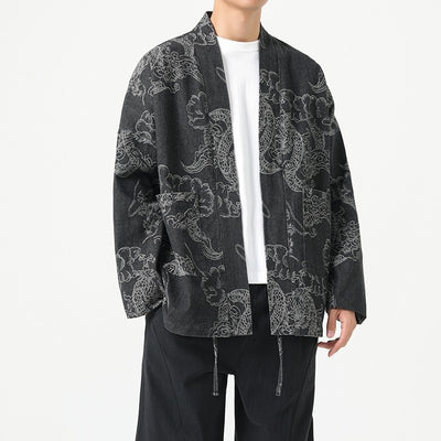 Style Loose Fit Denim Jacket with Dragon Robe Print for Men