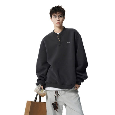 Dark gray Henry collar hoodie for men in spring and autumn