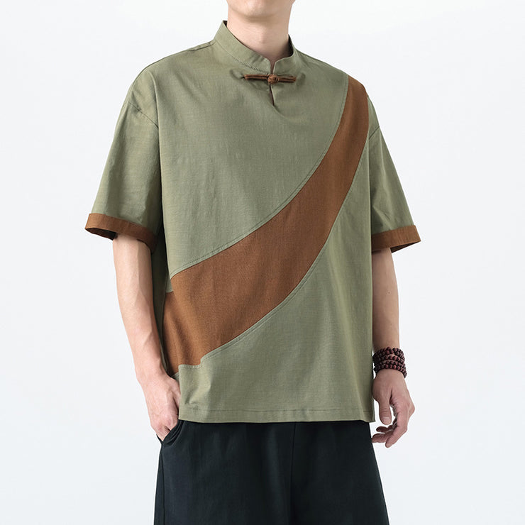 Men's Fashion Cotton Linen Short Sleeve Tang Suit Linen Splicing Plus Size Retro T-Shirt
