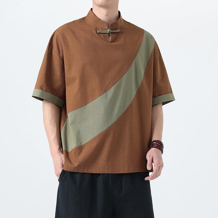 Men's Fashion Cotton Linen Short Sleeve Tang Suit Linen Splicing Plus Size Retro T-Shirt