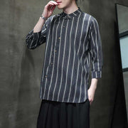 Linen Short Sleeve Shirt Men Small Collar Striped Half-Open Casual Retro Cotton Linen Three-Quarter Sleeve T-Shirt