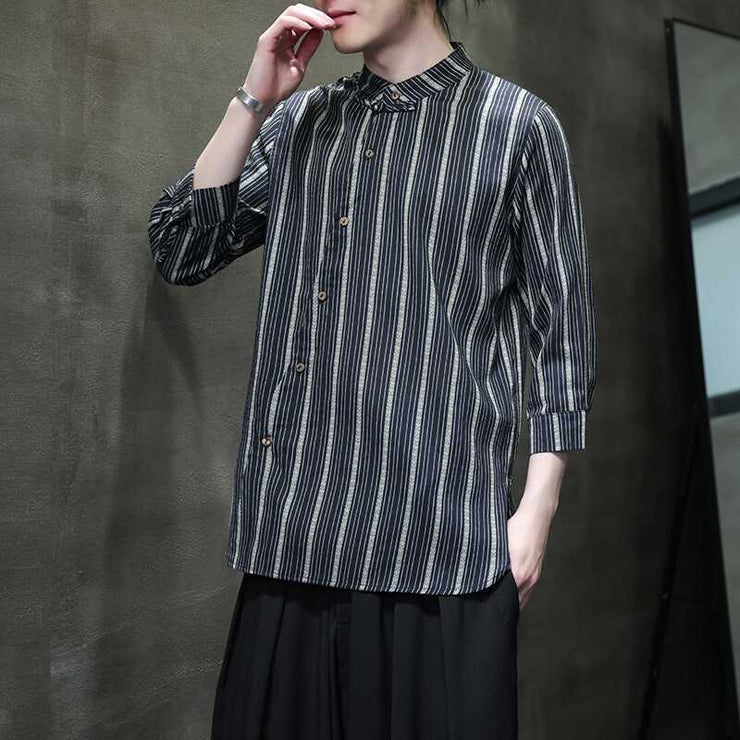 Linen Short Sleeve Shirt Men Small Collar Striped Half-Open Casual Retro Cotton Linen Three-Quarter Sleeve T-Shirt