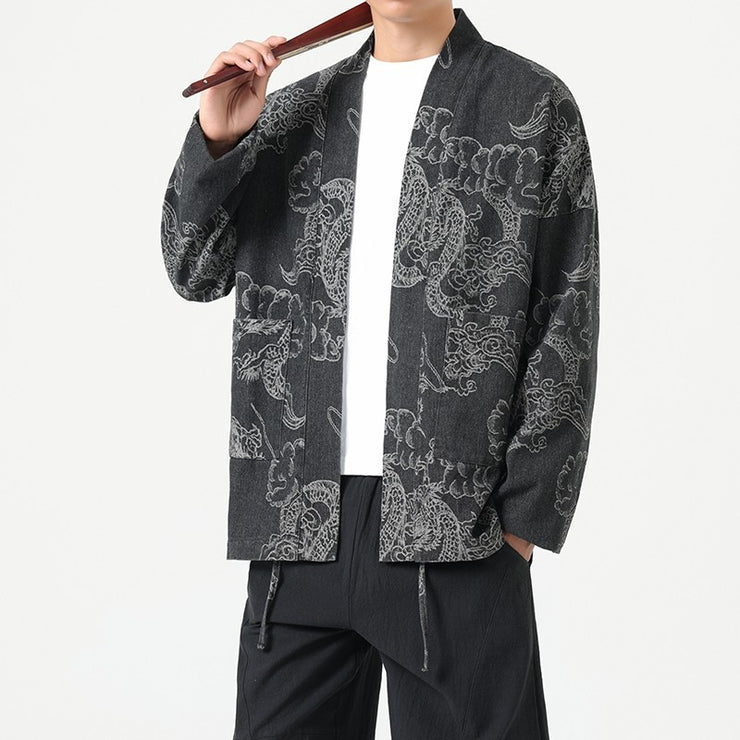 Style Loose Fit Denim Jacket with Dragon Robe Print for Men
