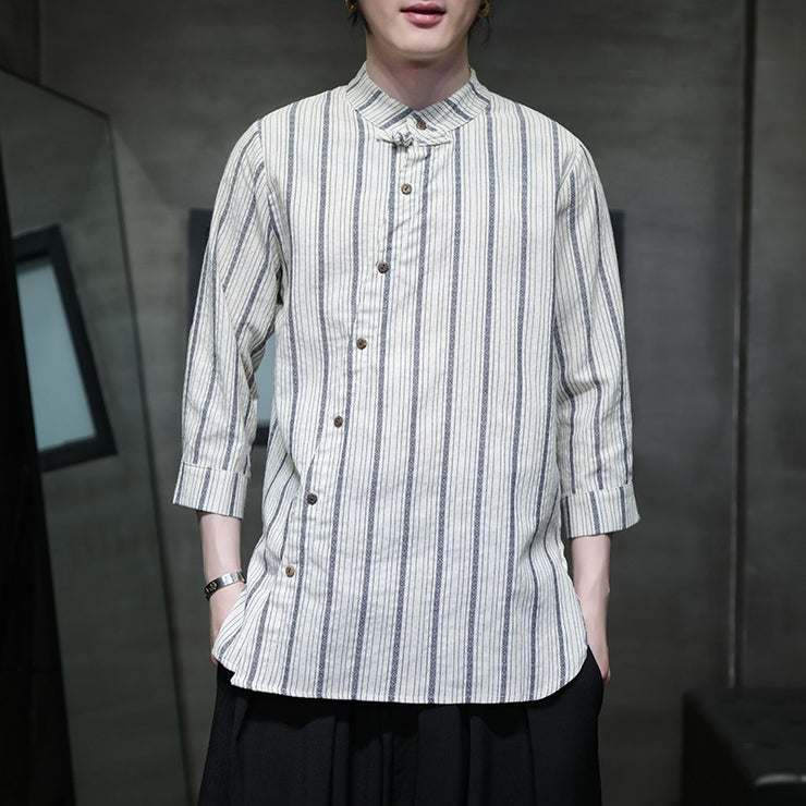 Linen Short Sleeve Shirt Men Small Collar Striped Half-Open Casual Retro Cotton Linen Three-Quarter Sleeve T-Shirt