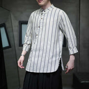 Linen Short Sleeve Shirt Men Small Collar Striped Half-Open Casual Retro Cotton Linen Three-Quarter Sleeve T-Shirt