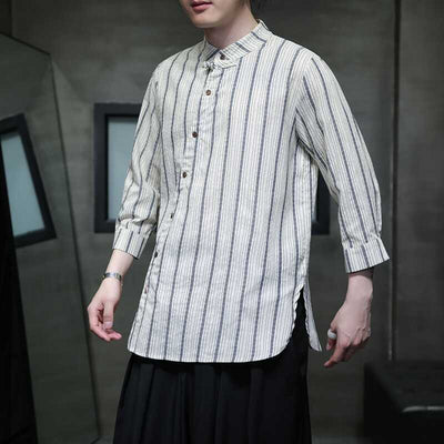 Linen Short Sleeve Shirt Men Small Collar Striped Half-Open Casual Retro Cotton Linen Three-Quarter Sleeve T-Shirt