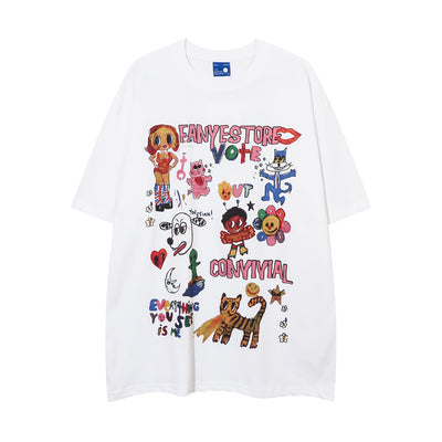Fun Graffiti Cartoon Print Short Sleeve T-Shirt Hip Hop Trendy Men's Summer Lazy Pure Cotton Casual Half Sleeve Tee