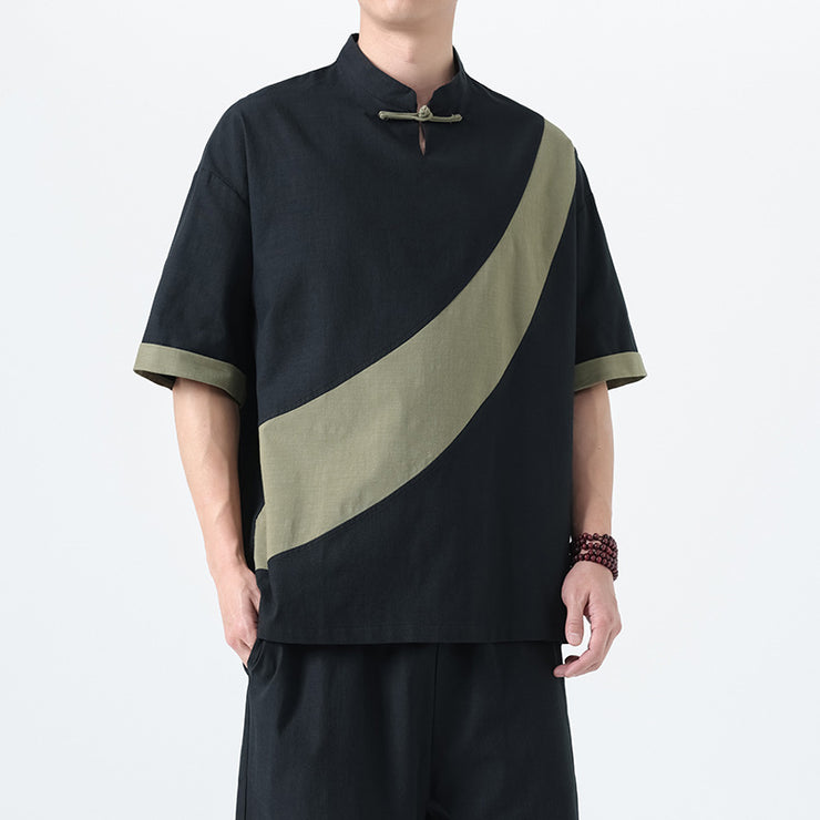 Men's Fashion Cotton Linen Short Sleeve Tang Suit Linen Splicing Plus Size Retro T-Shirt