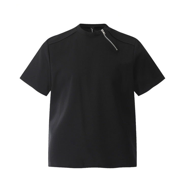 Zipper Design Heavyweight Short Sleeve T-Shirt Men's Loose Round Neck Half Sleeve Tee