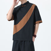 Men's Fashion Cotton Linen Short Sleeve Tang Suit Linen Splicing Plus Size Retro T-Shirt