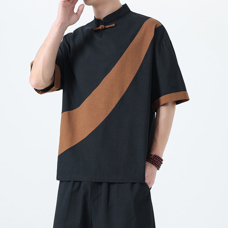 Men's Fashion Cotton Linen Short Sleeve Tang Suit Linen Splicing Plus Size Retro T-Shirt