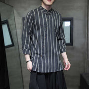 Linen Short Sleeve Shirt Men Small Collar Striped Half-Open Casual Retro Cotton Linen Three-Quarter Sleeve T-Shirt