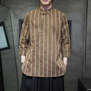 Linen Short Sleeve Shirt Men Small Collar Striped Half-Open Casual Retro Cotton Linen Three-Quarter Sleeve T-Shirt