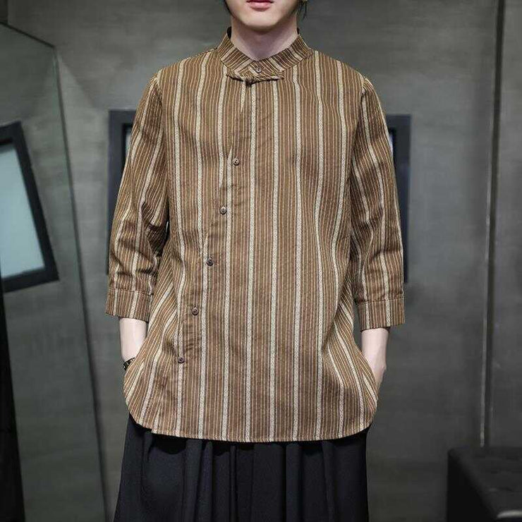 Linen Short Sleeve Shirt Men Small Collar Striped Half-Open Casual Retro Cotton Linen Three-Quarter Sleeve T-Shirt