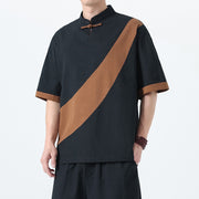 Men's Fashion Cotton Linen Short Sleeve Tang Suit Linen Splicing Plus Size Retro T-Shirt