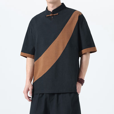 Men's Fashion Cotton Linen Short Sleeve Tang Suit Linen Splicing Plus Size Retro T-Shirt
