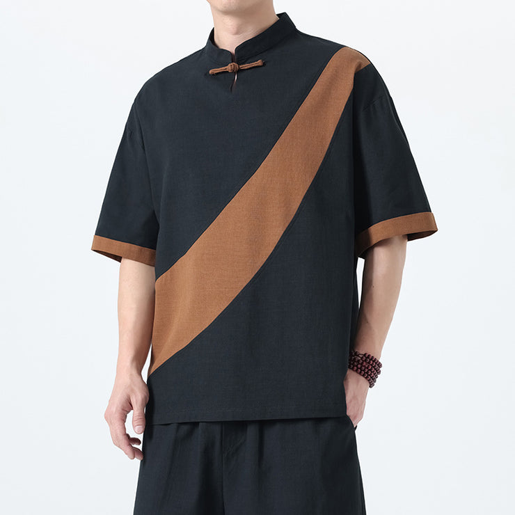 Men's Fashion Cotton Linen Short Sleeve Tang Suit Linen Splicing Plus Size Retro T-Shirt