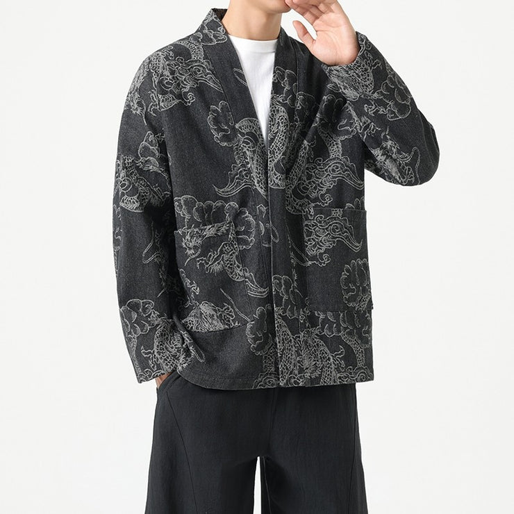 Style Loose Fit Denim Jacket with Dragon Robe Print for Men