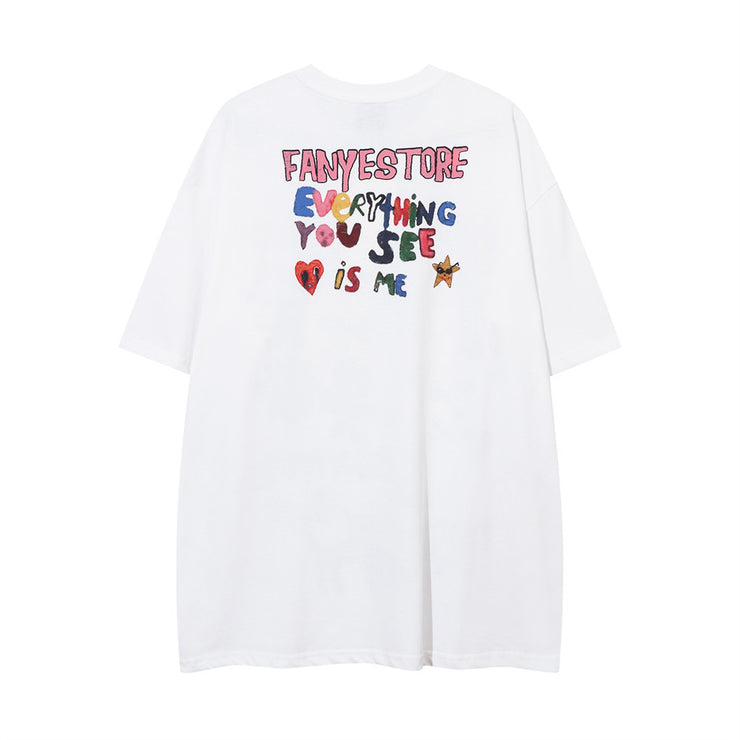 Fun Graffiti Cartoon Print Short Sleeve T-Shirt Hip Hop Trendy Men's Summer Lazy Pure Cotton Casual Half Sleeve Tee