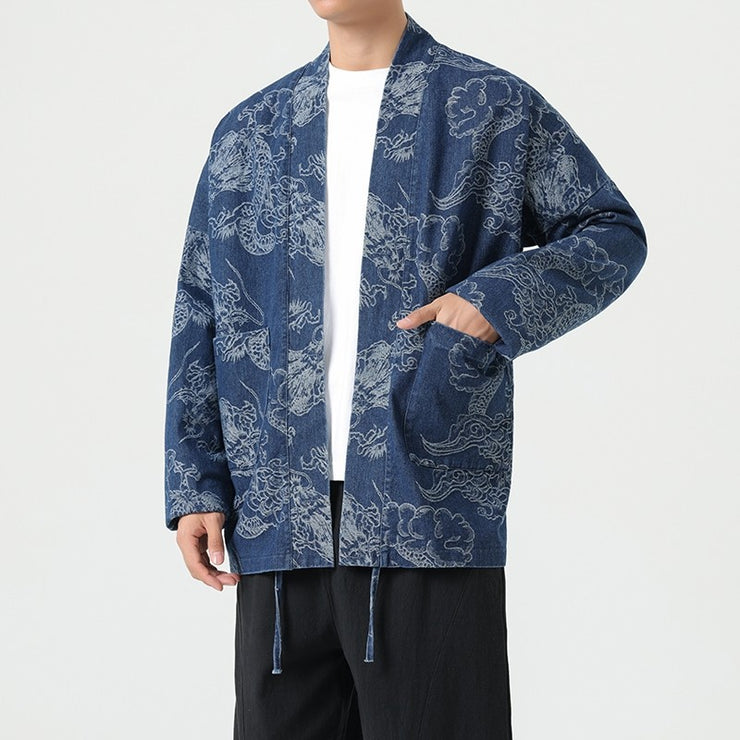 Style Loose Fit Denim Jacket with Dragon Robe Print for Men