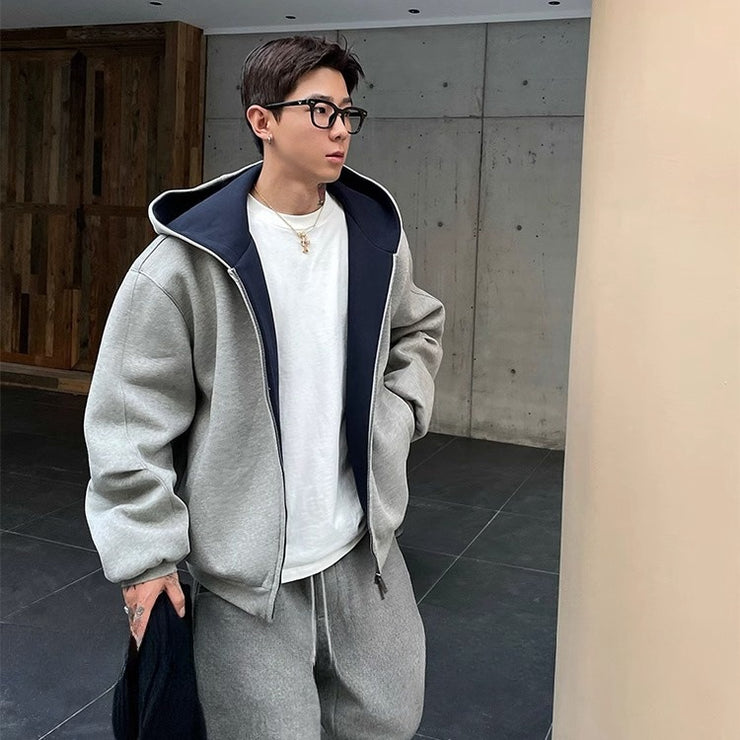 Double zipper hooded sweatshirt jacket for men