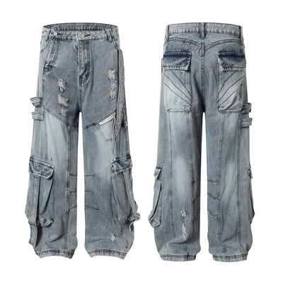 Post-Apocalyptic Distressed Vintage Washed Workwear Denim Trousers Men's Design Heavy-Duty Sectional Splicing Wide-Leg Straight Pants