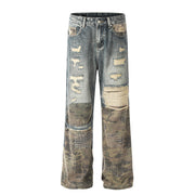 Heavy Duty Post-Apocalyptic Camouflage Patchwork Distressed Straight Leg Jeans Men's Trendy Topstitching Random Stitching Destruction Frayed Wide Leg Long Pants