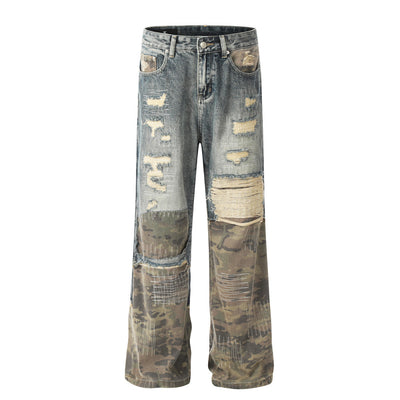 Heavy Duty Post-Apocalyptic Camouflage Patchwork Distressed Straight Leg Jeans Men's Trendy Topstitching Random Stitching Destruction Frayed Wide Leg Long Pants