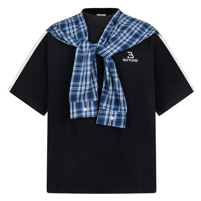 Detachable Plaid Cape Fake Two-Piece Short Sleeve T-Shirt Men