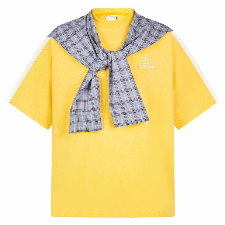 Detachable Plaid Cape Fake Two-Piece Short Sleeve T-Shirt Men