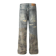 Heavy Duty Post-Apocalyptic Camouflage Patchwork Distressed Straight Leg Jeans Men's Trendy Topstitching Random Stitching Destruction Frayed Wide Leg Long Pants