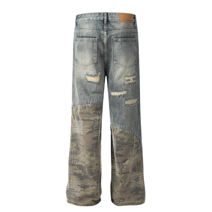 Heavy Duty Post-Apocalyptic Camouflage Patchwork Distressed Straight Leg Jeans Men's Trendy Topstitching Random Stitching Destruction Frayed Wide Leg Long Pants